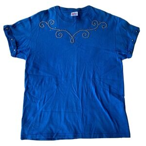 Hanes T-Shirt Sz L Vintage 90s Heavyweight Blue Single Stitch Embellished Rivets